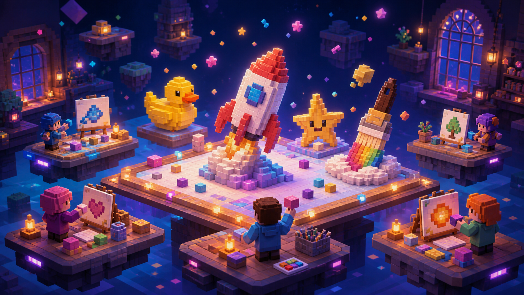 Players creating colorful voxel art around a glowing build table