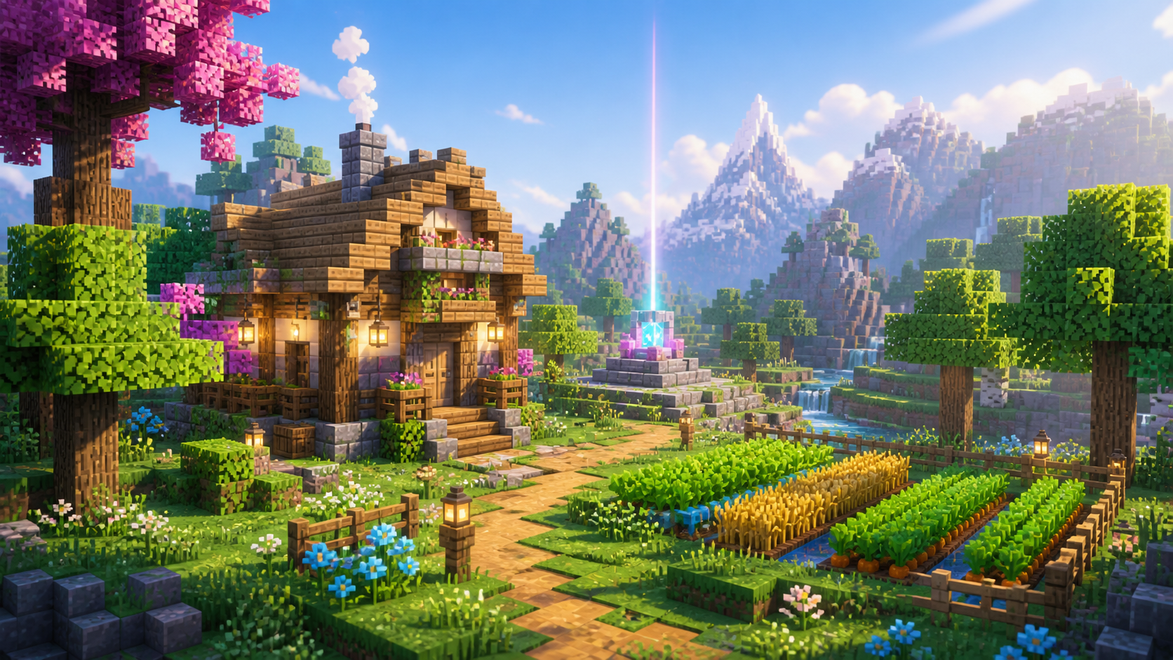 A peaceful voxel survival home, farm, and mountain landscape